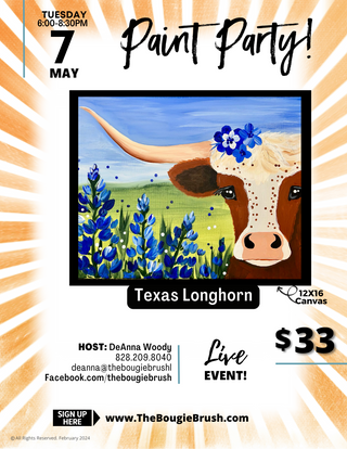 05/07/2024 - 6PM-8:30PM - 'Texas Longhorn' Canvas Paint Party Ticket