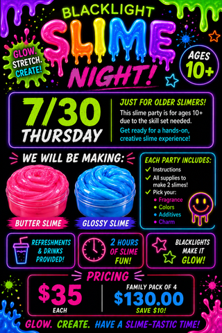 🌟 Blacklight Slime Night – Ages 10+ (Thursday, July 30- 6PM)